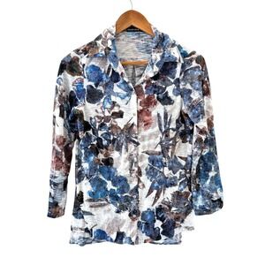 David Cline Crushed Snap Front Top Womens S Blue Ice Abstract Floral Artsy